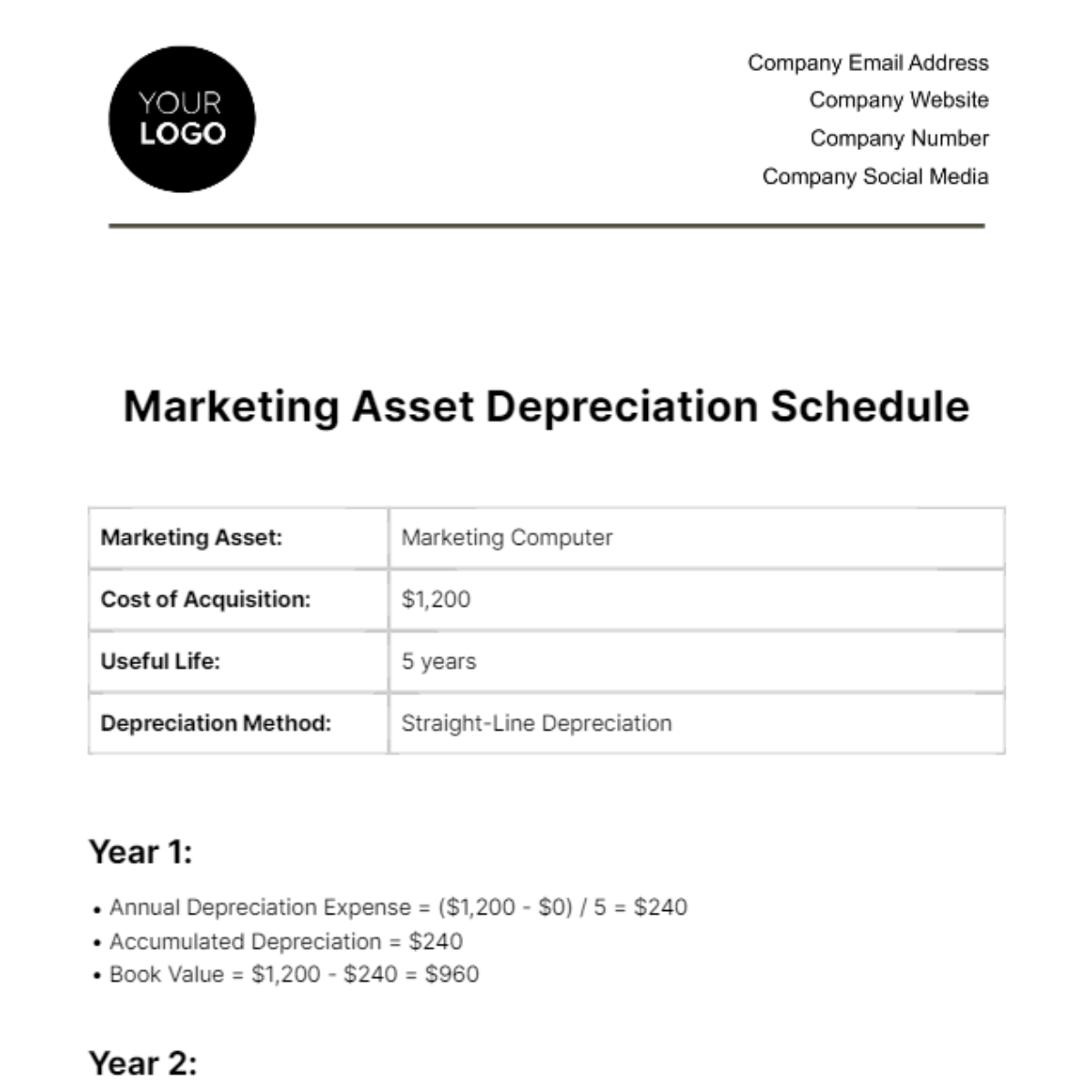 Marketing Asset Depreciation Schedule Template
