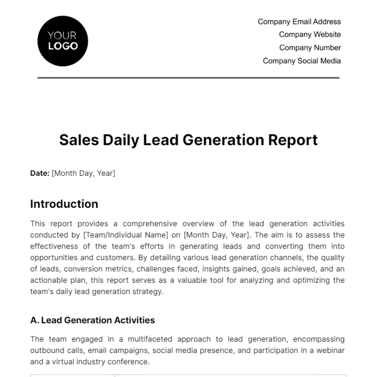 Free Sales Daily Lead Generation Report Template