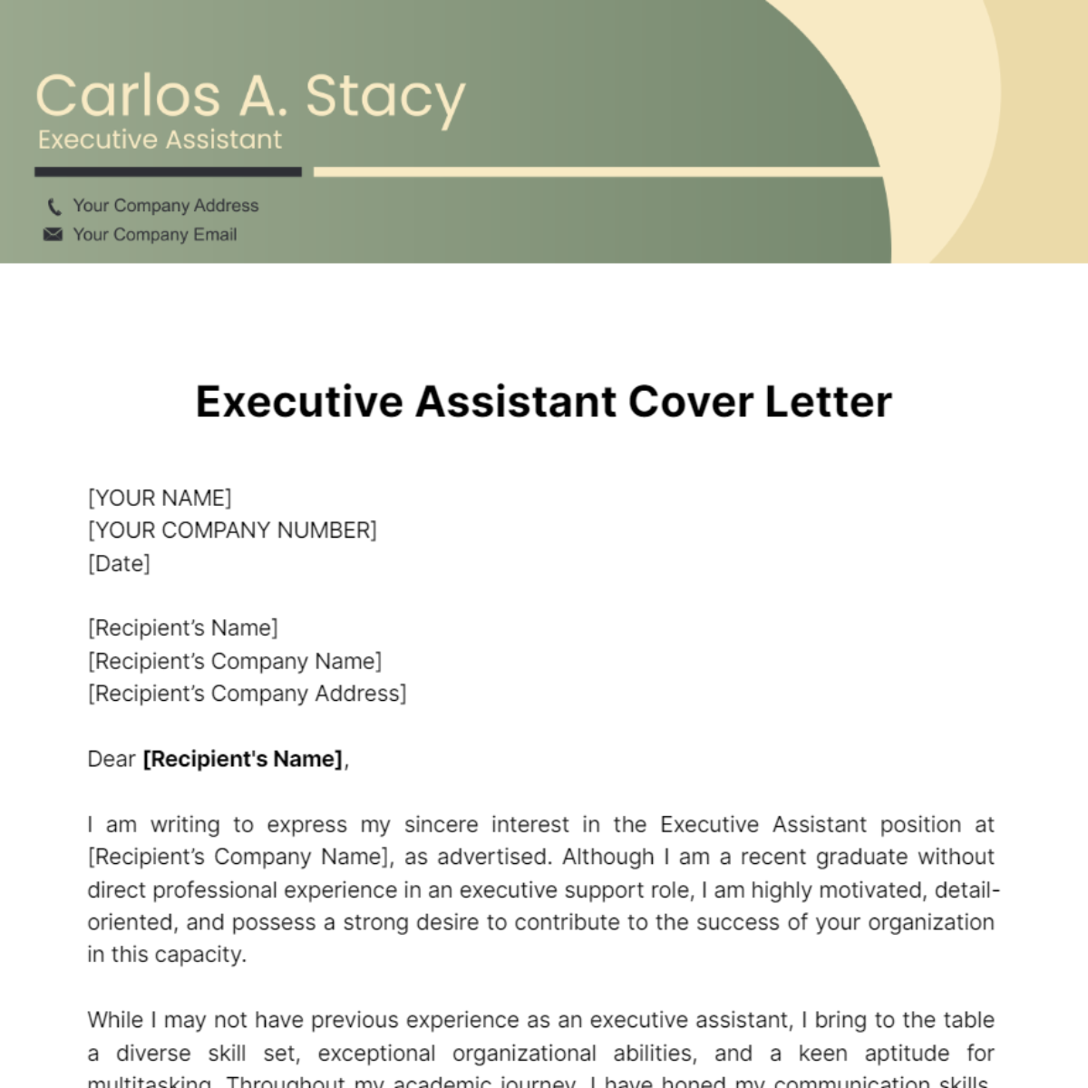 Executive Assistant Cover Letter Template