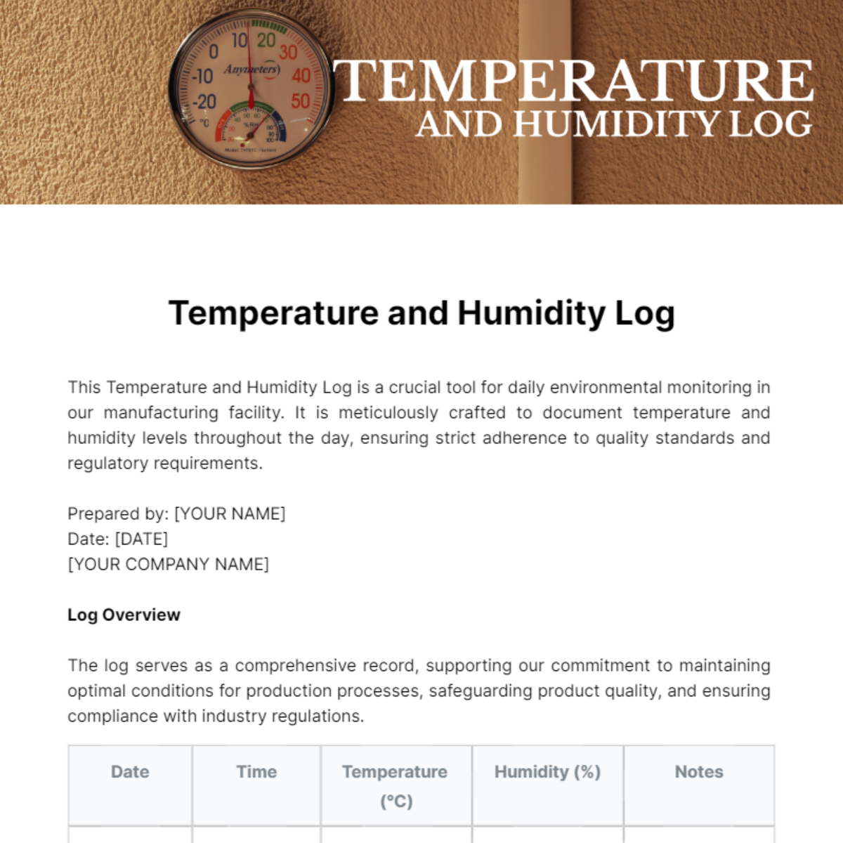 Temperature and Humidity Log Template