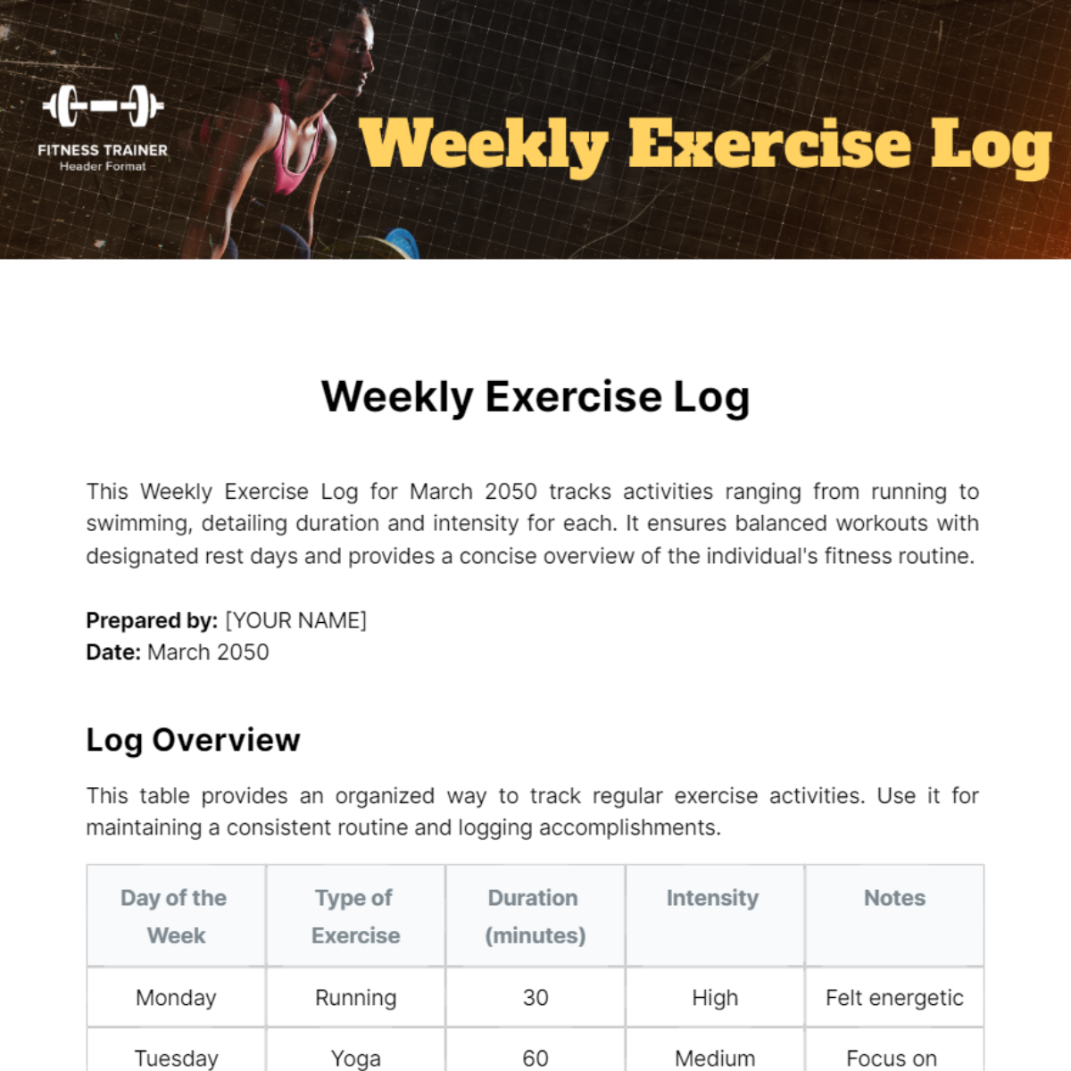 Free Weekly Exercise Log Template