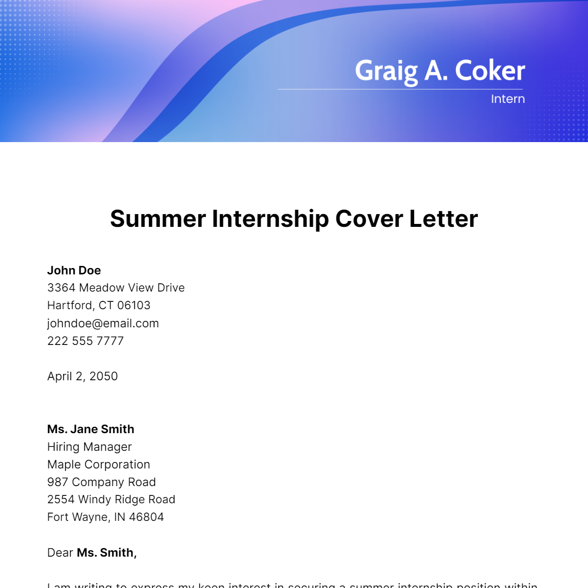 Summer Internship Cover Letter Template