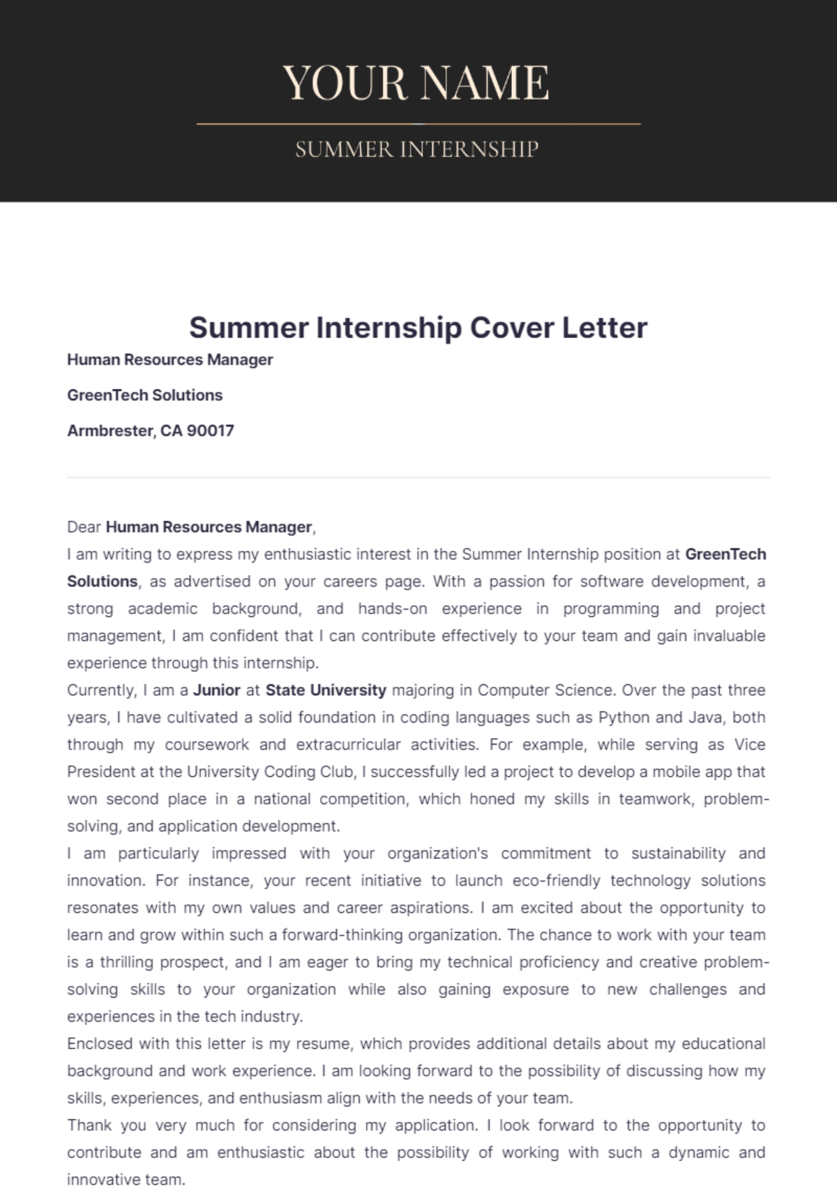 Summer Internship Cover Letter Template - Edit Online & Download