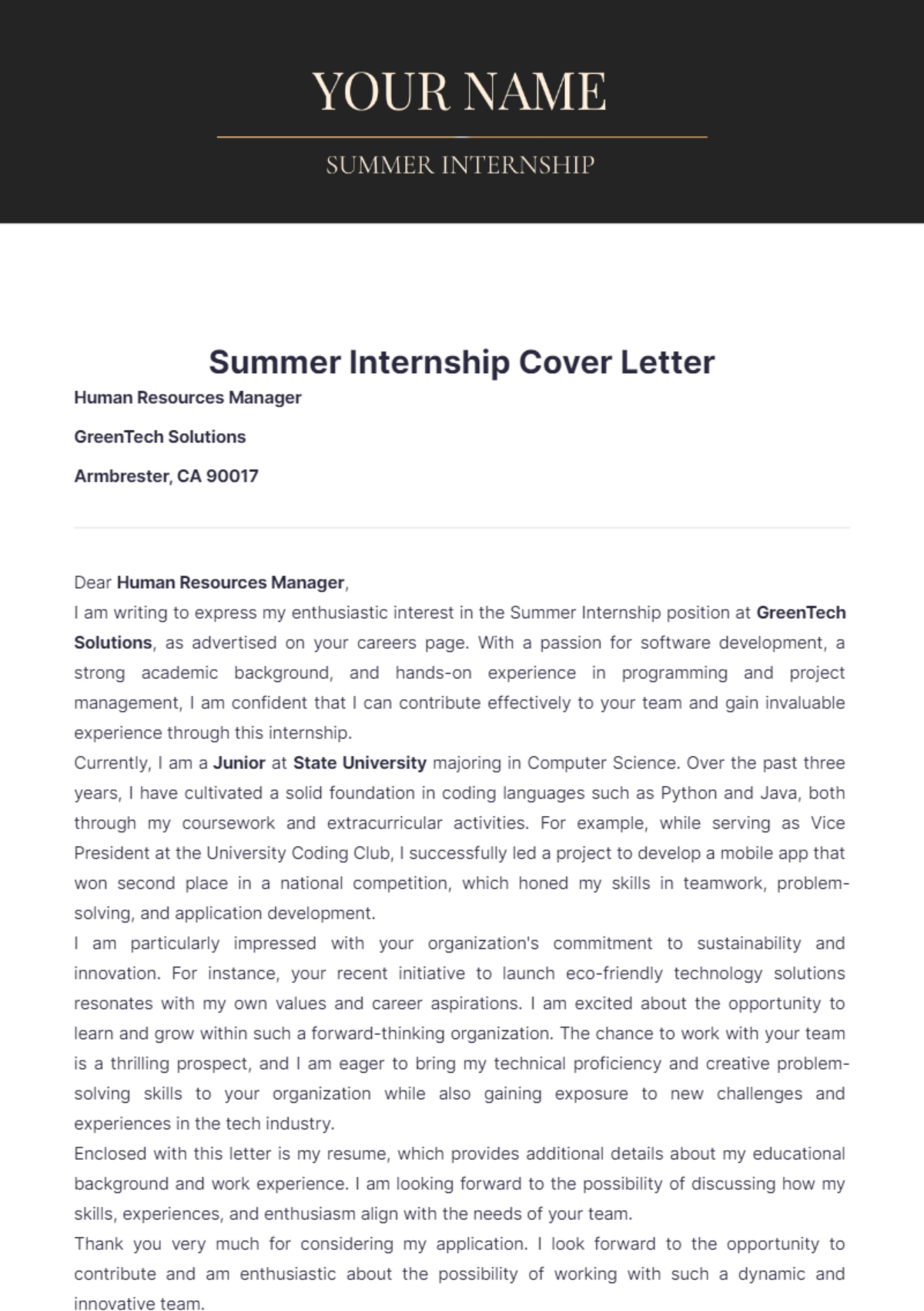 Internship Cover Letter Template Ablebionics