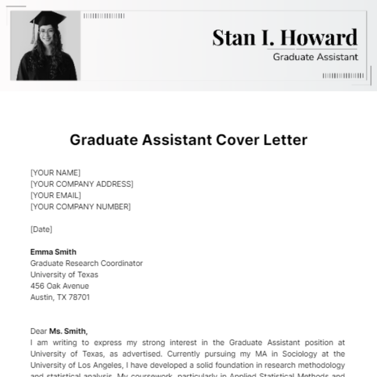 Free Graduate Assistant Cover Letter Template