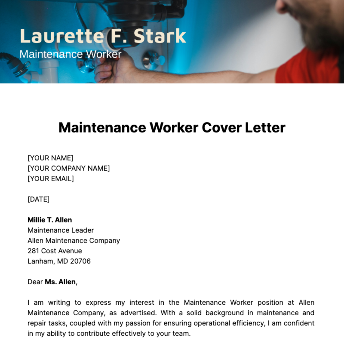Maintenance Worker Cover Letter Template