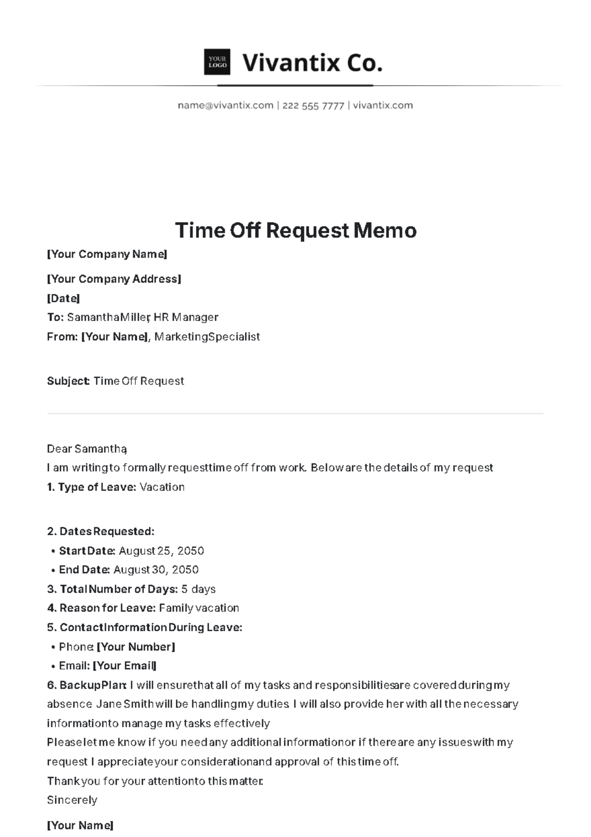 Time Off Request Memo Format Template