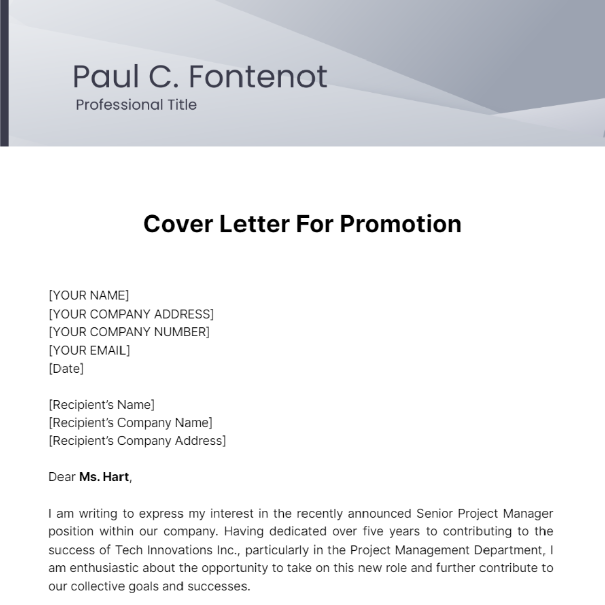 Cover Letter For Promotion Template