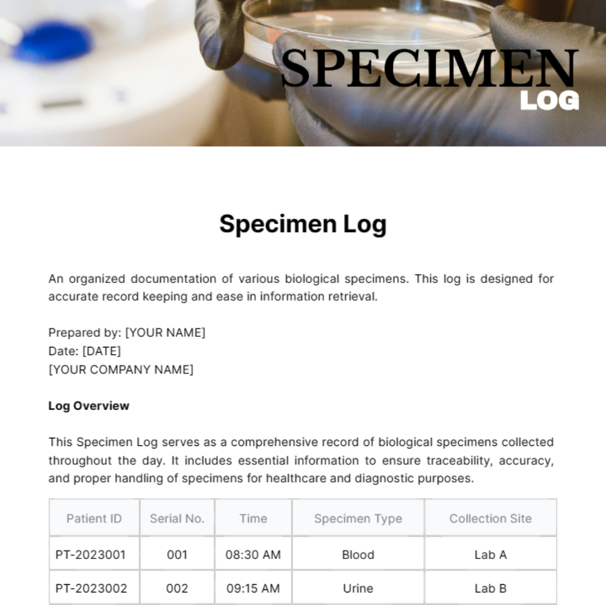 Free Specimen Log Template