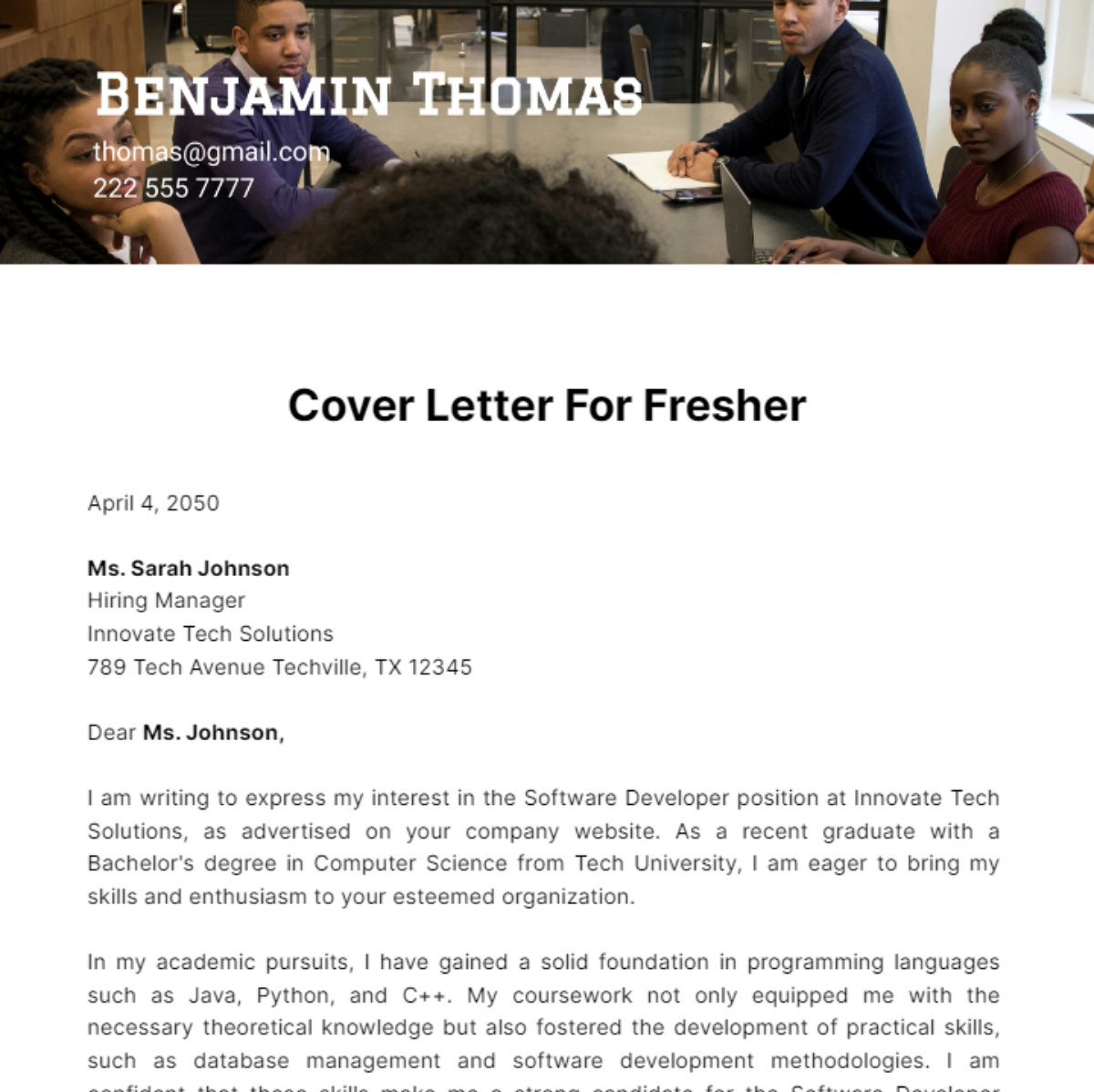 Cover Letter For Fresher Template