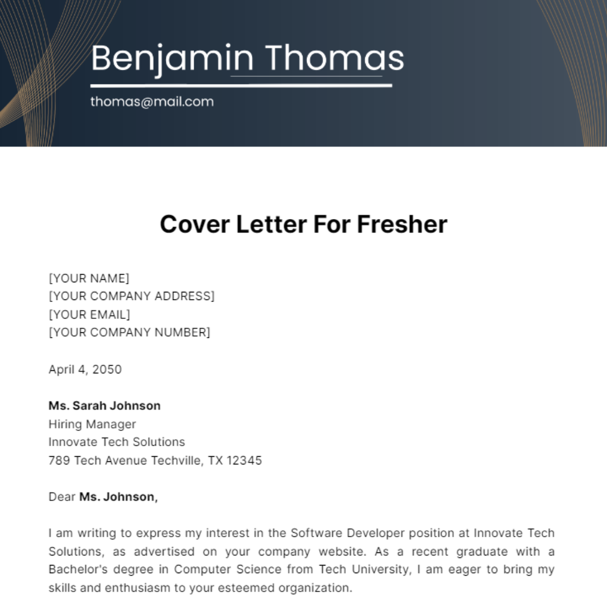 Cover Letter For Fresher Template