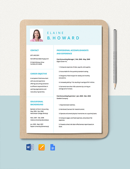 Sample Cost Accountant Resume Template - Google Docs, Word, Apple Pages