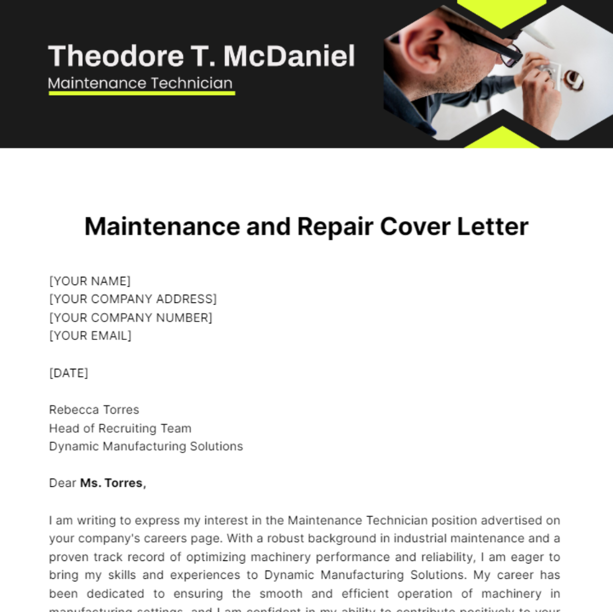 Free Maintenance and Repair Cover Letter Template