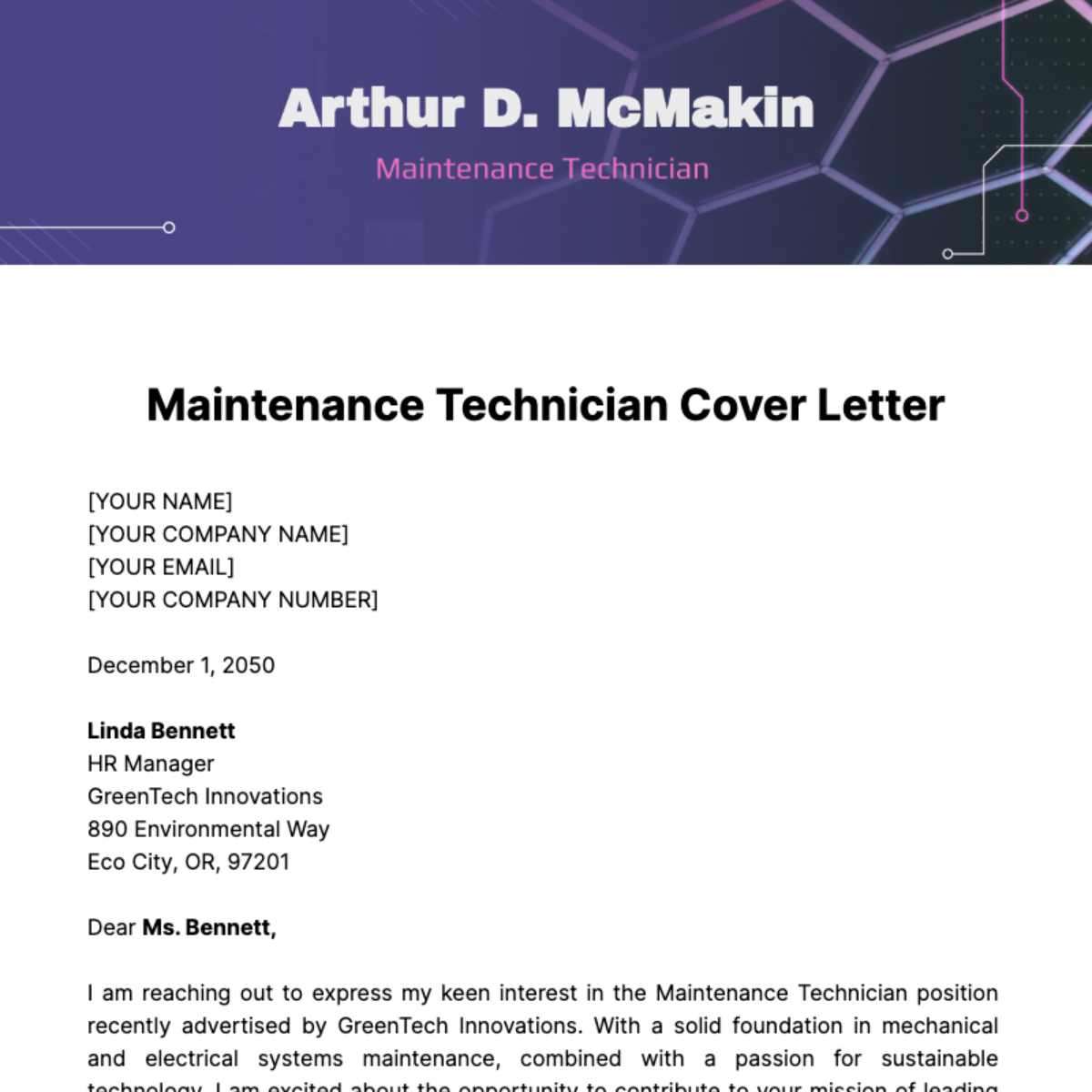 Maintenance Technician Cover Letter Template