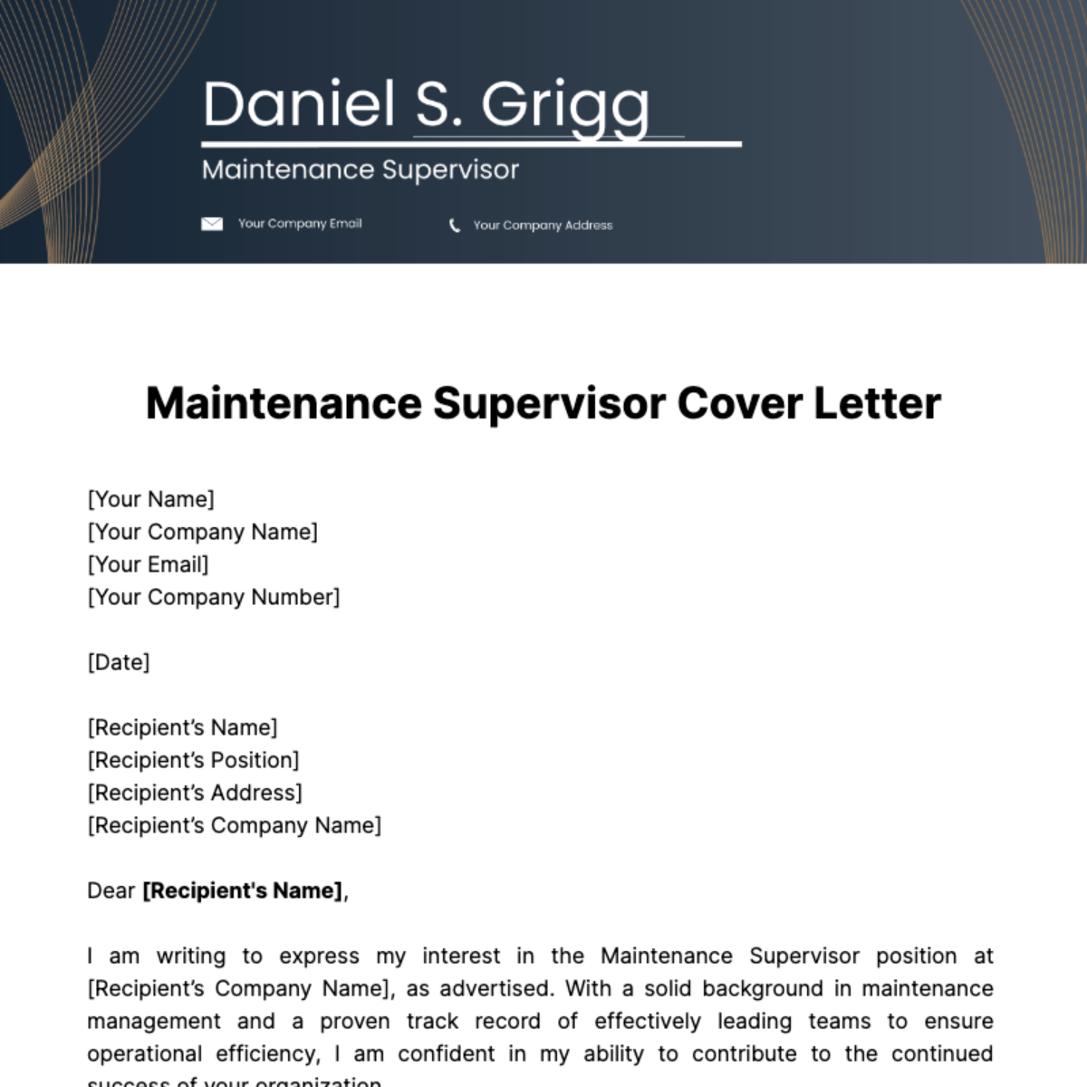 Maintenance Supervisor Cover Letter Template