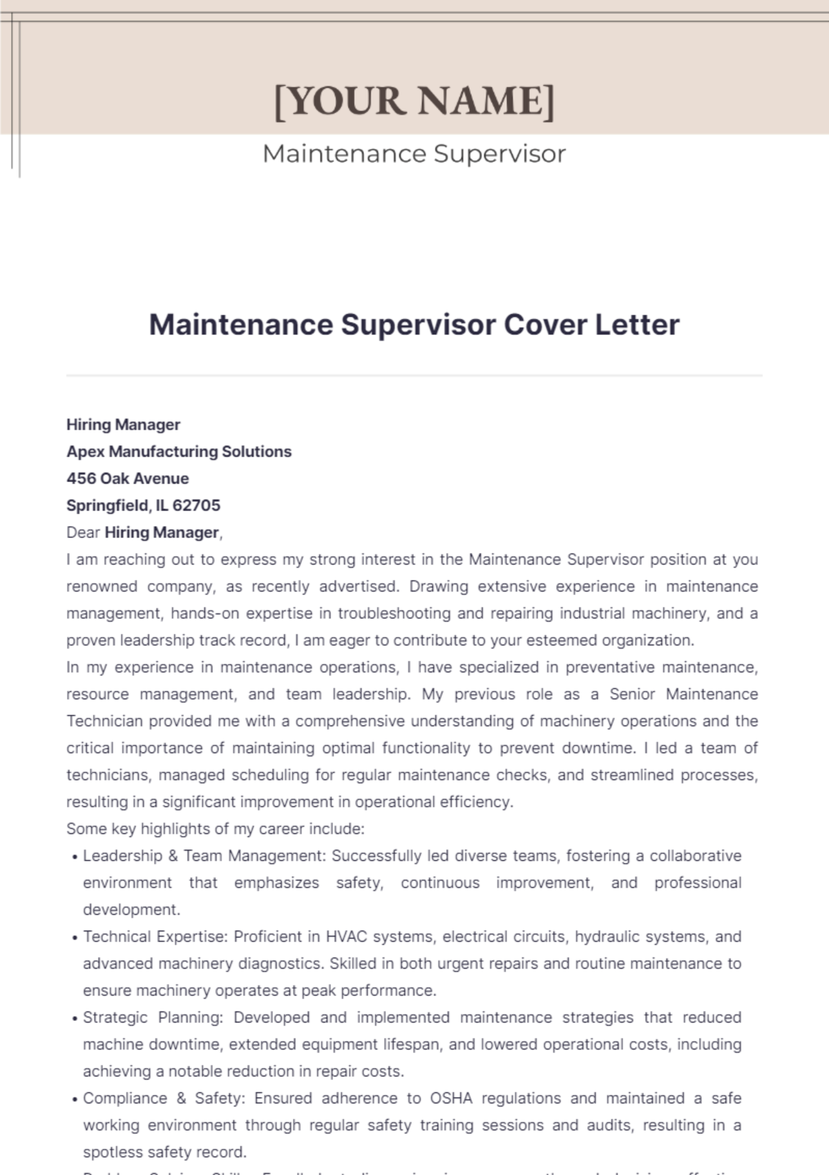 cover letter for maintenance supervisor position