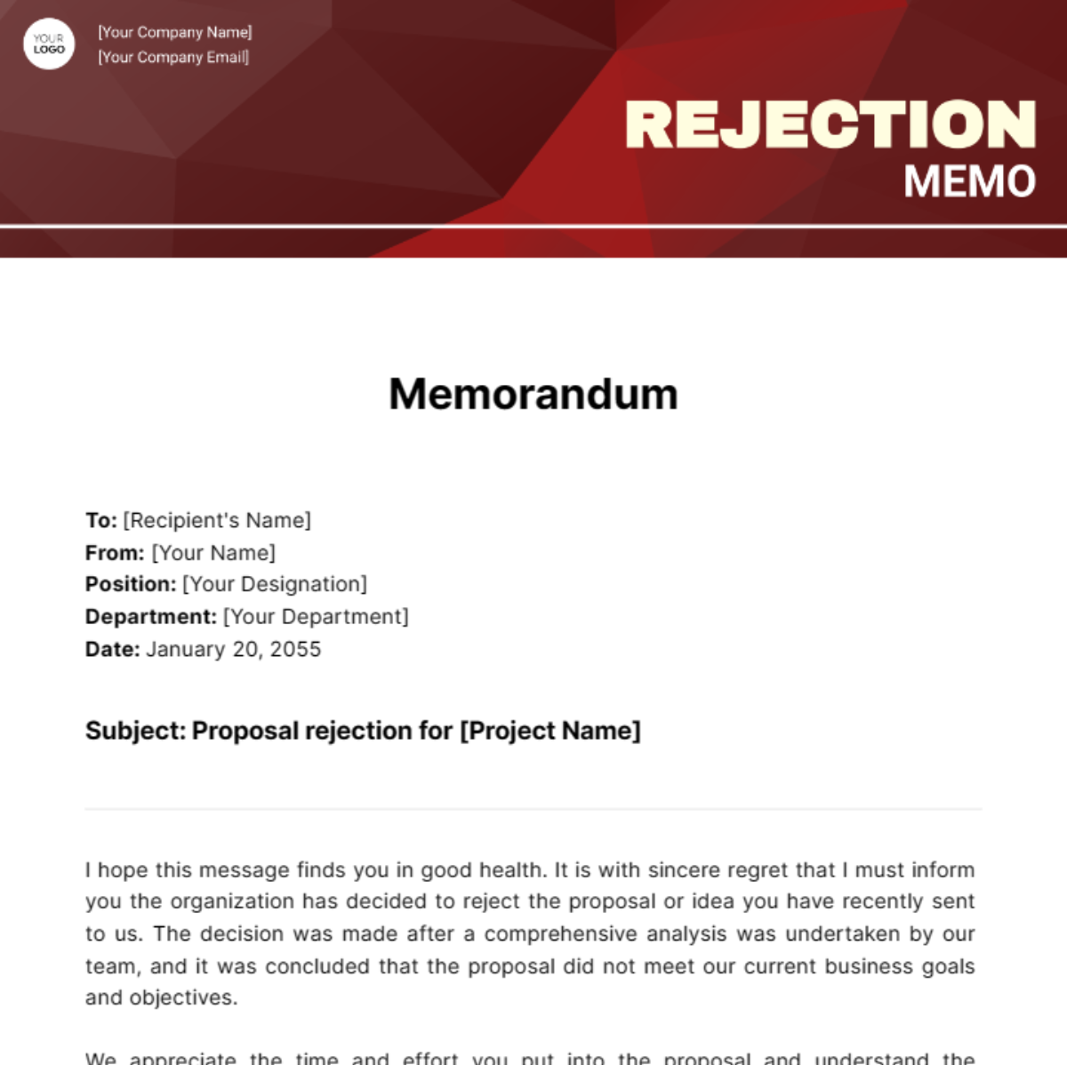Free Rejection Memo Format