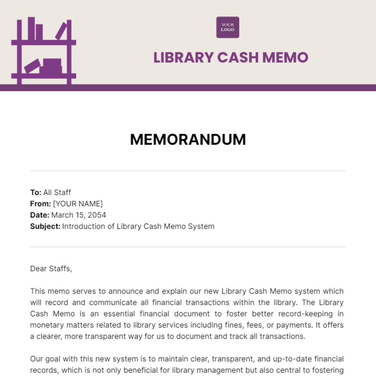 Library Cash Memo