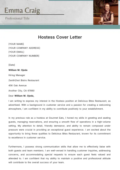 Free Hostess Cover Letter Template to Edit Online