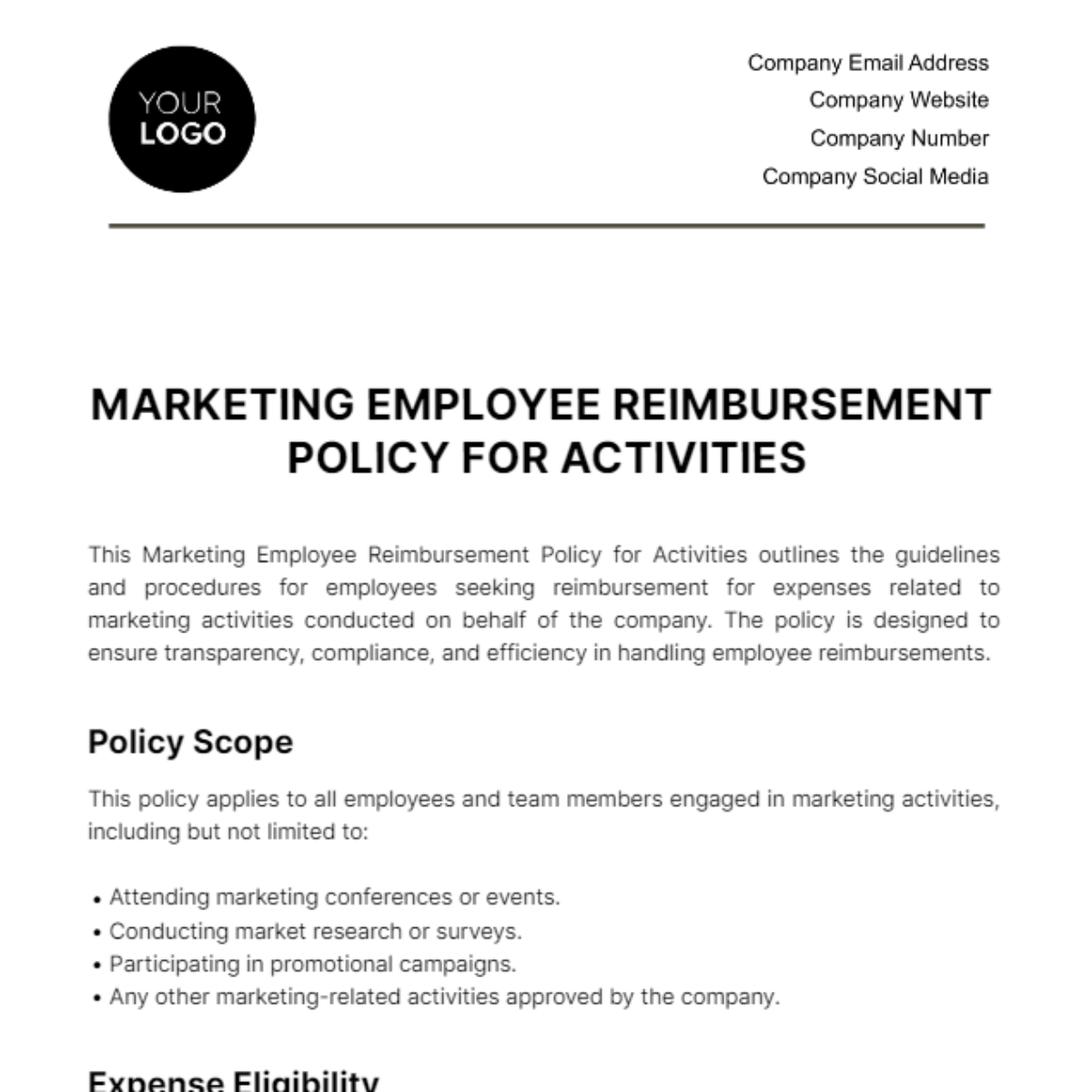 Free Marketing Employee Reimbursement Policy for Activities Template