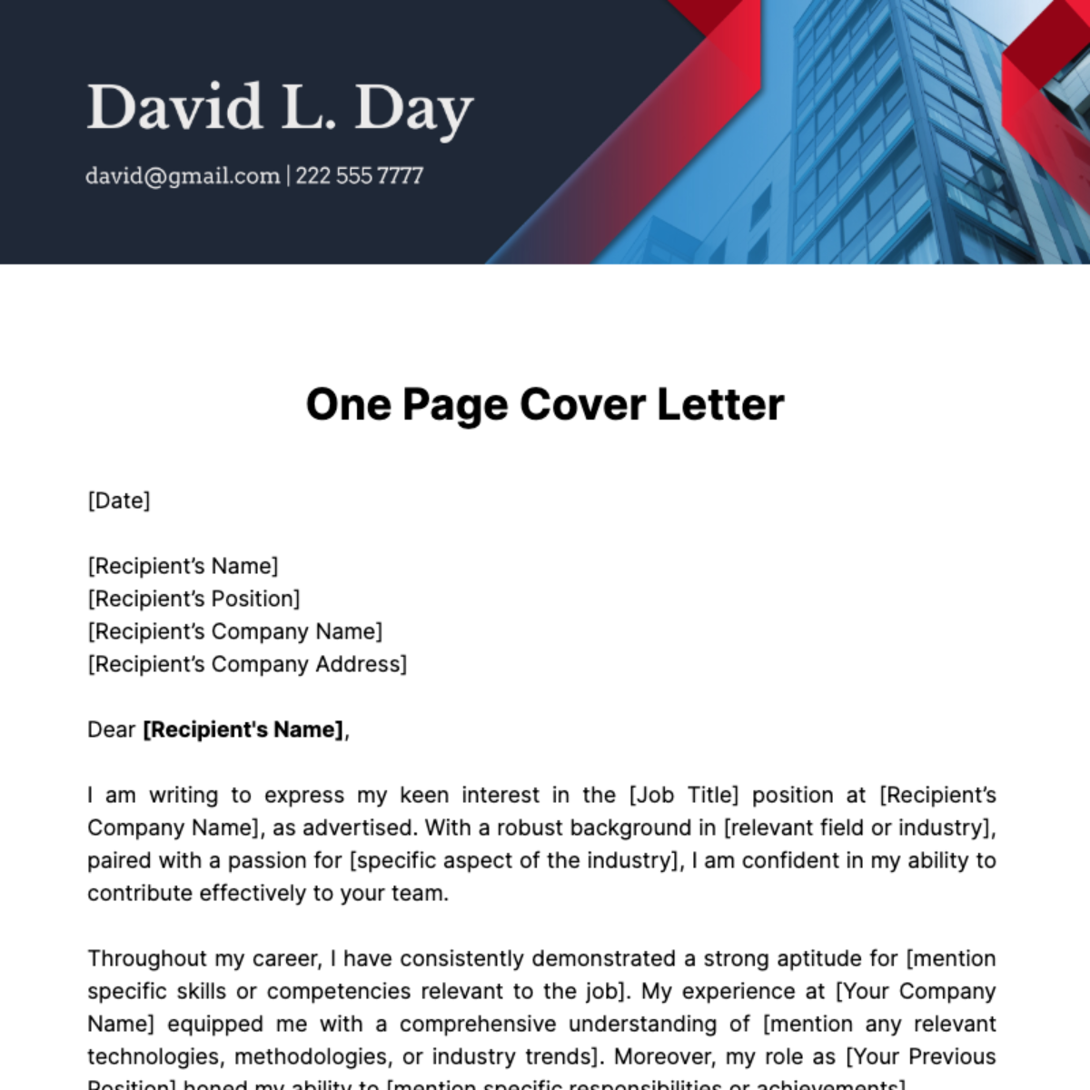 One Page Cover Letter Template