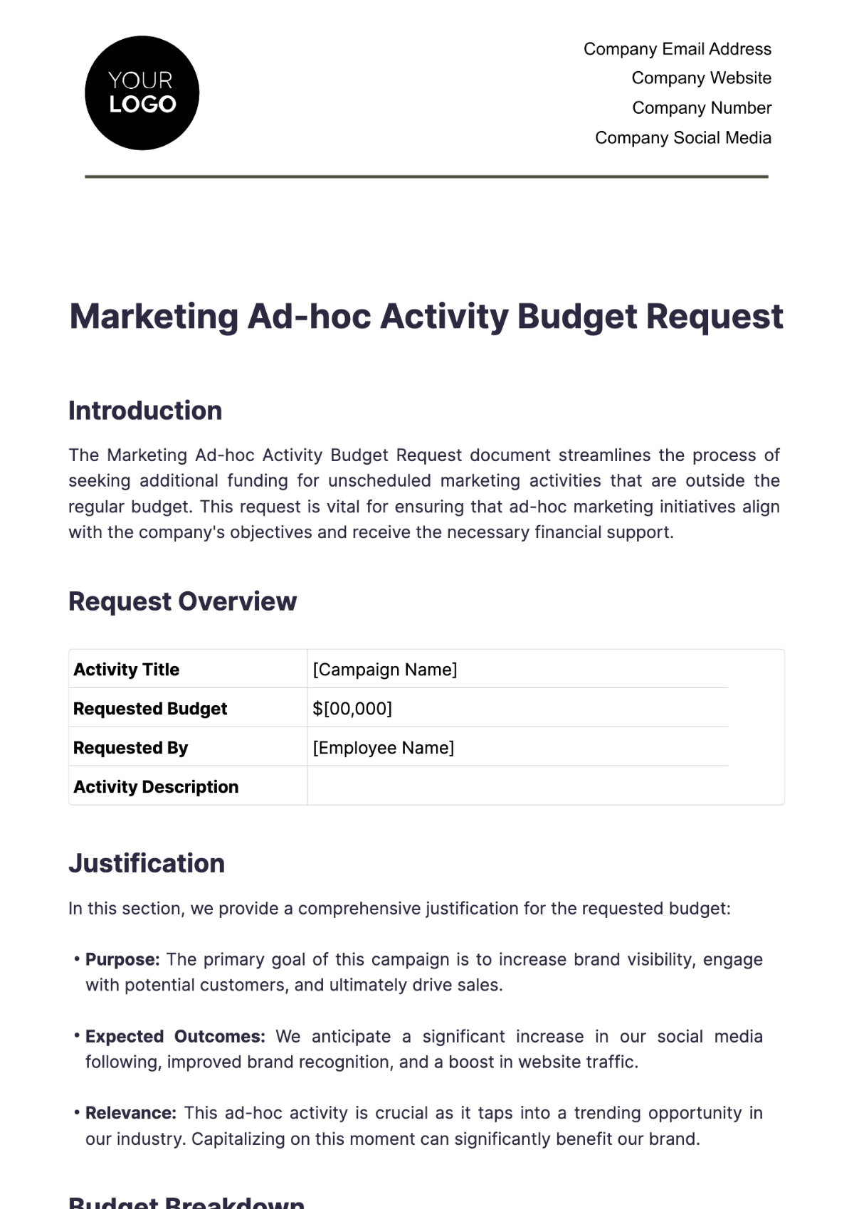 Marketing Ad-hoc Activity Budget Request Template - Edit Online & Download