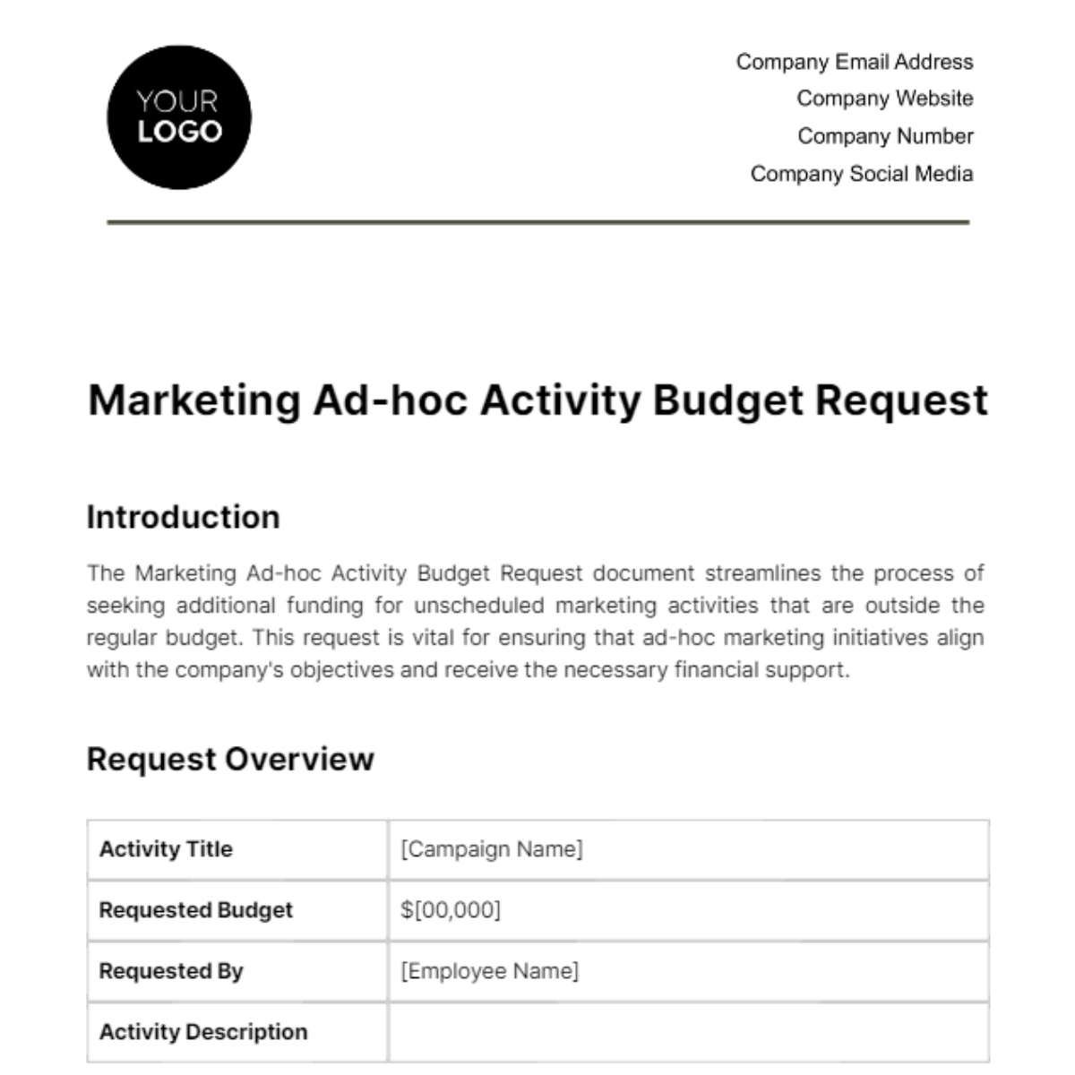 Free Marketing Ad-hoc Activity Budget Request Template