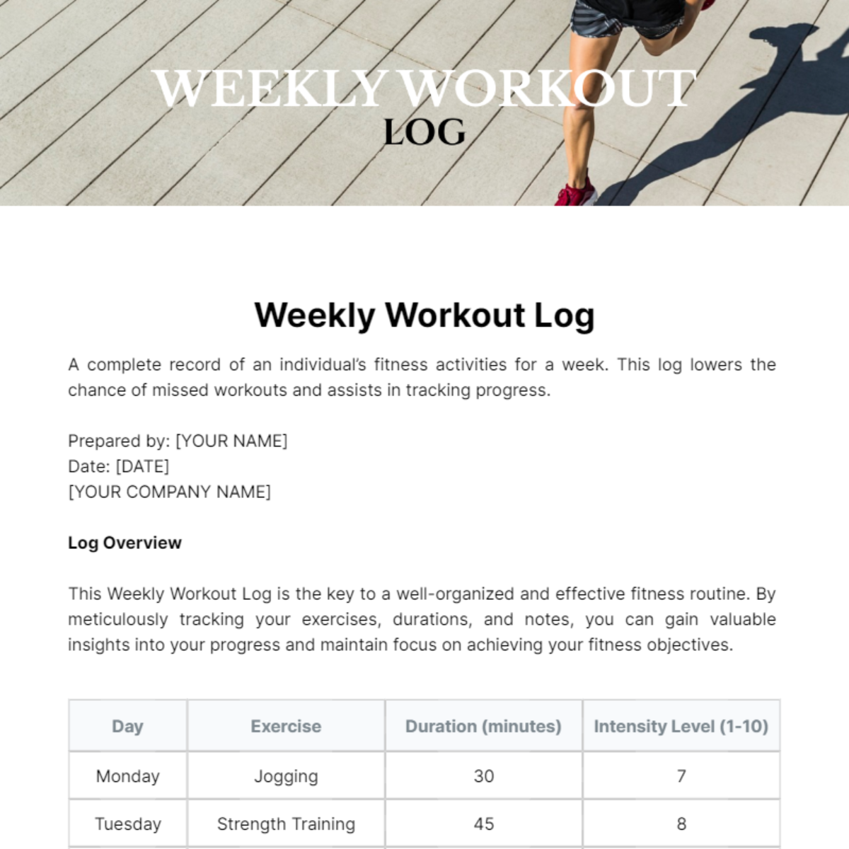 Free Weekly Workout Log Template
