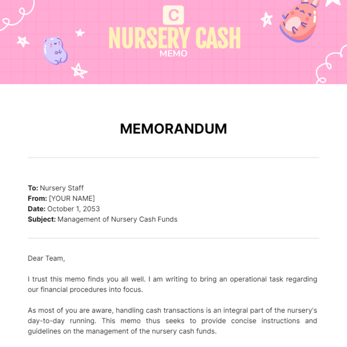 Nursery Cash Memo