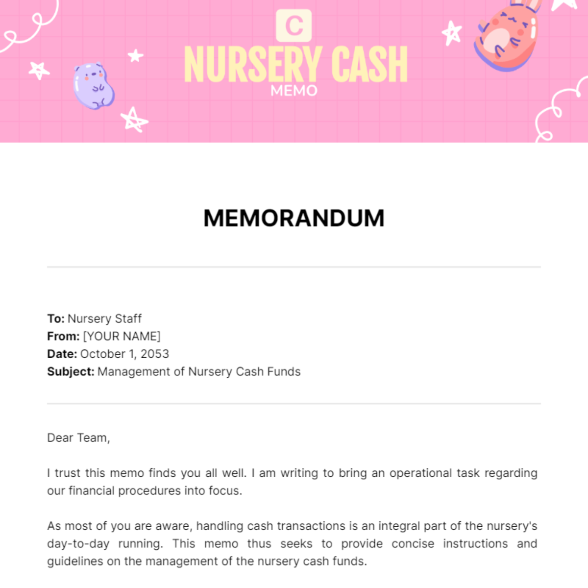 Nursery Cash Memo - Edit Online & Download