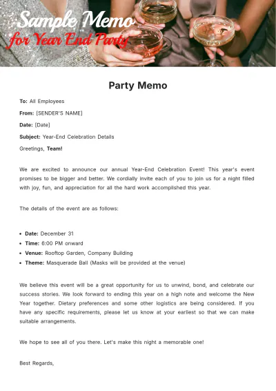 Free Sample Memo for Year End Party to Edit Online