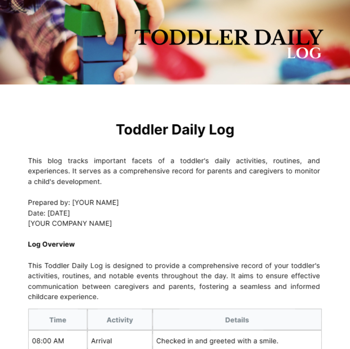 Free Toddler Daily Log Template