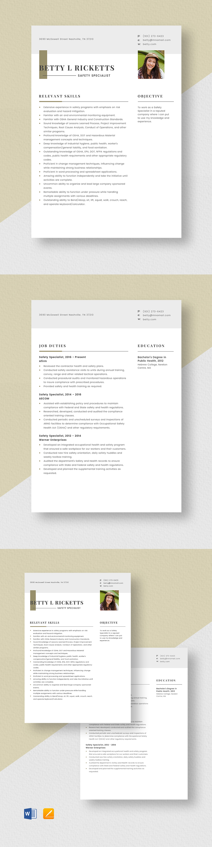 Free Safety Specialist Resume Template Word, Apple Pages