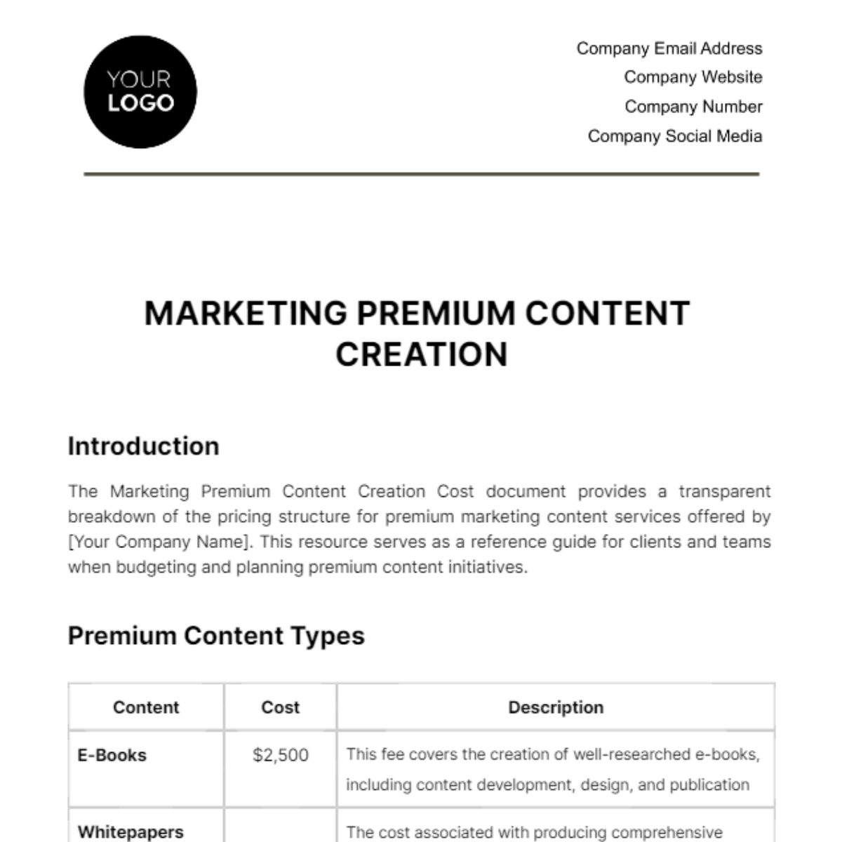 Free Marketing Premium Content Creation Cost Template