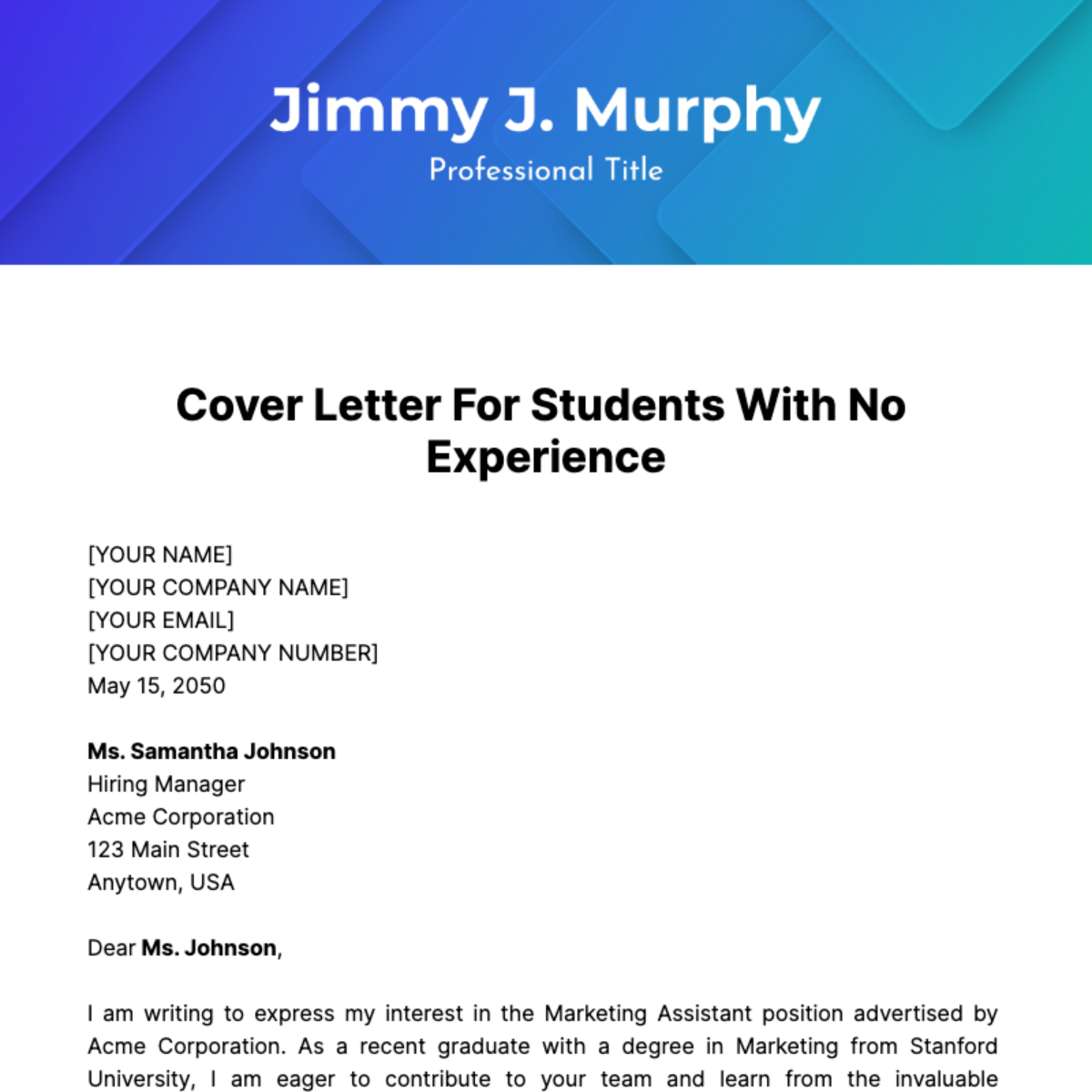 Cover Letter For Students With No Experience Template