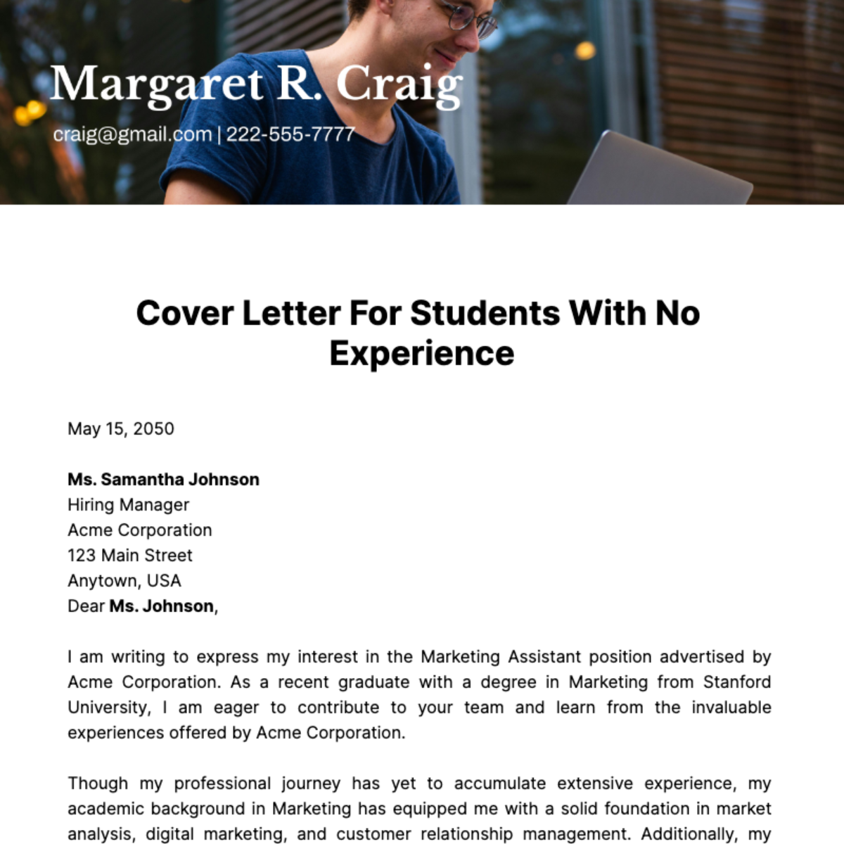 Cover Letter For Students With No Experience Template
