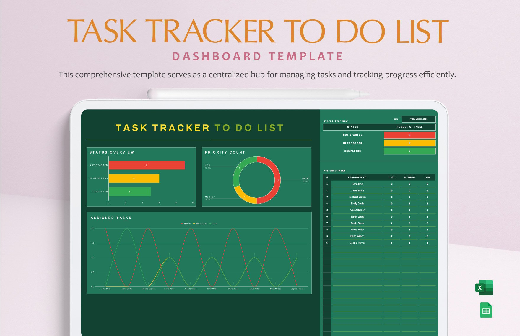 Task Tracker To Do List Dashboard Template in Excel, Google Sheets