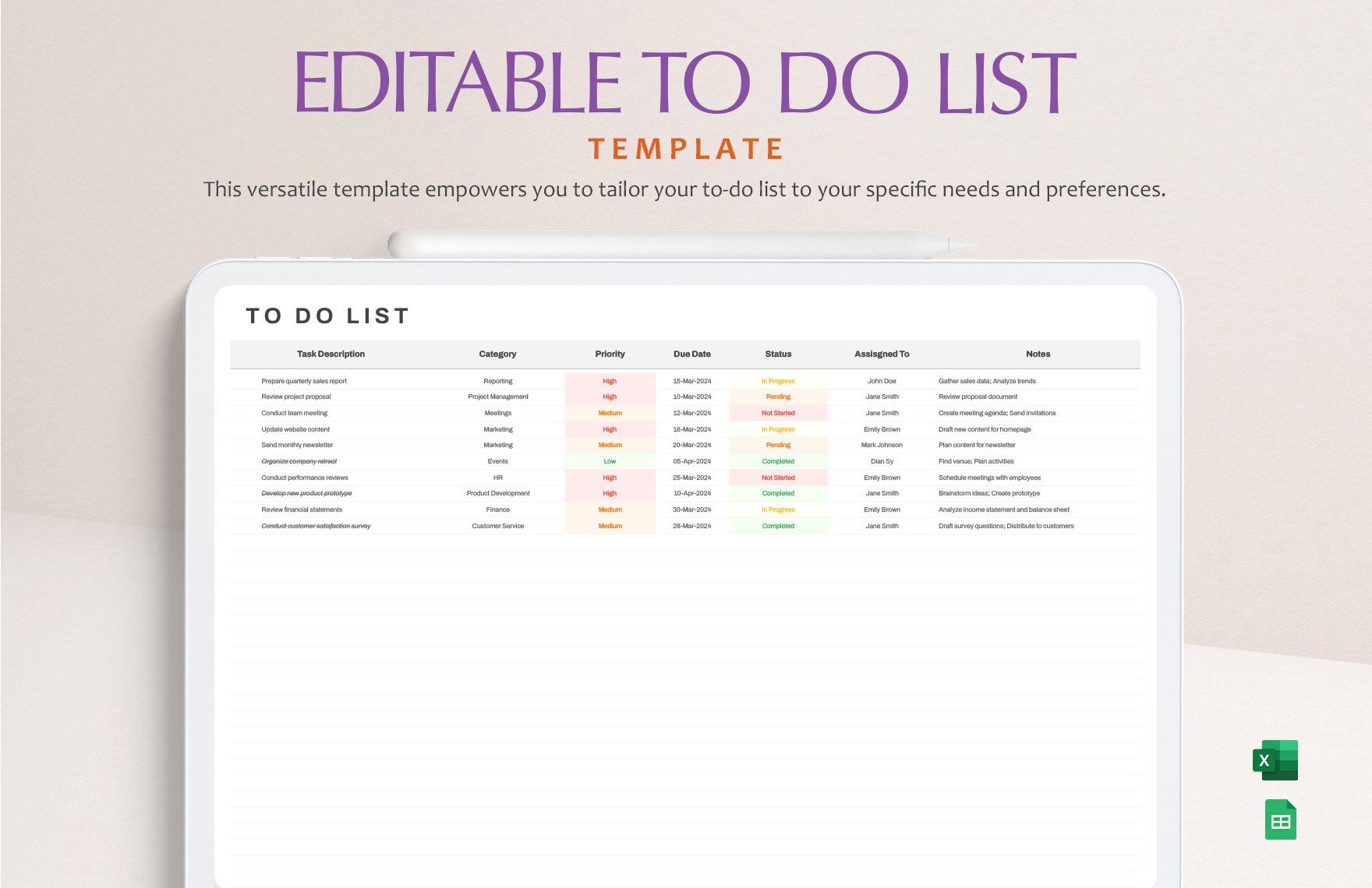 Editable To Do List Template in Excel, Google Sheets