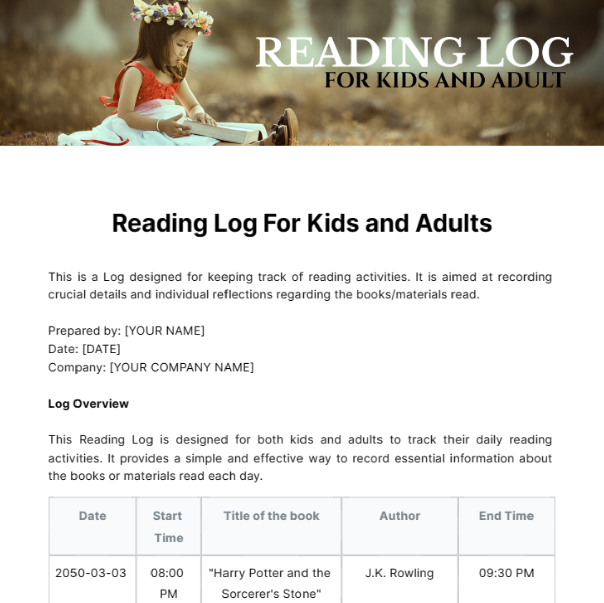 Reading Log For Kids and Adults Template