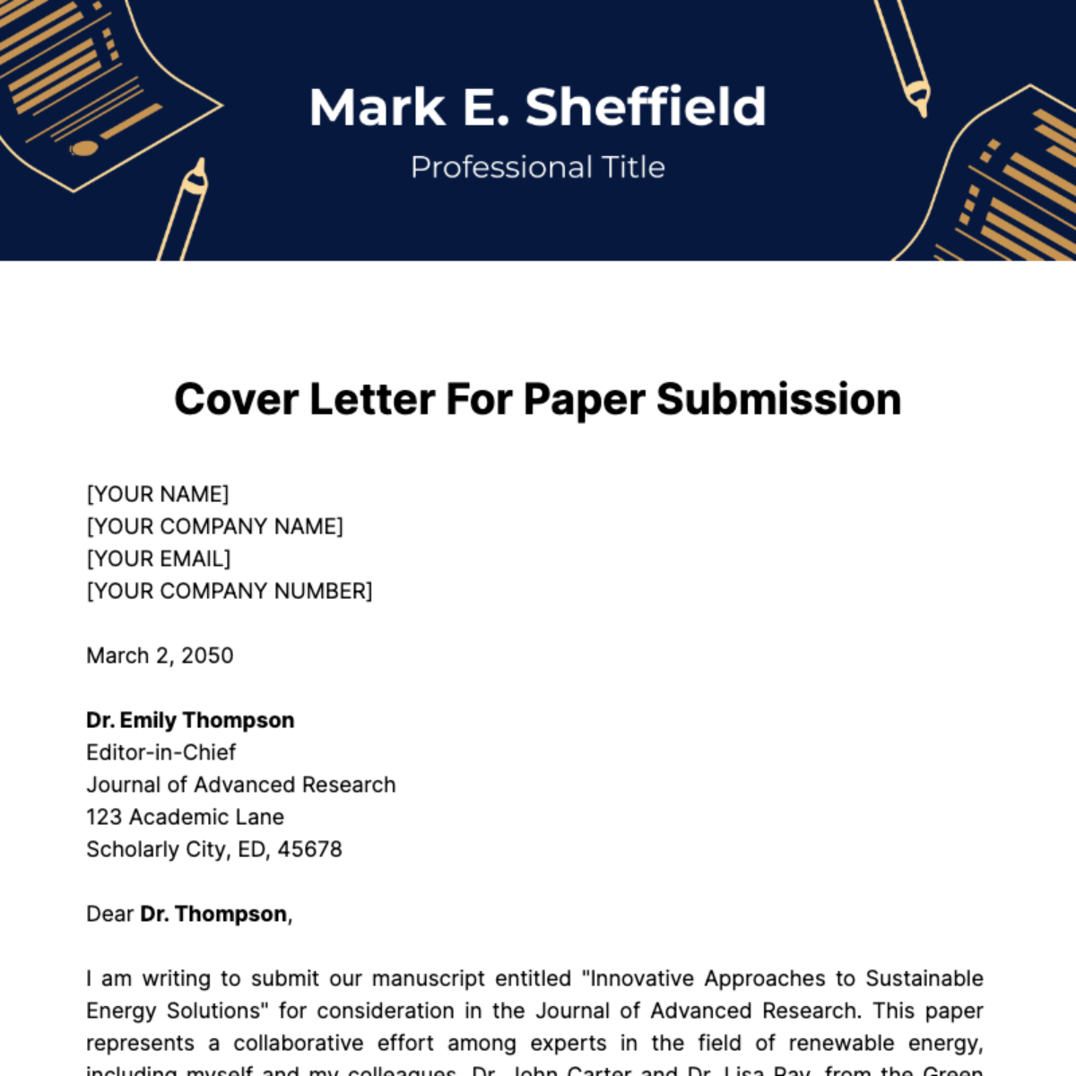 Cover Letter For Paper Submission Template