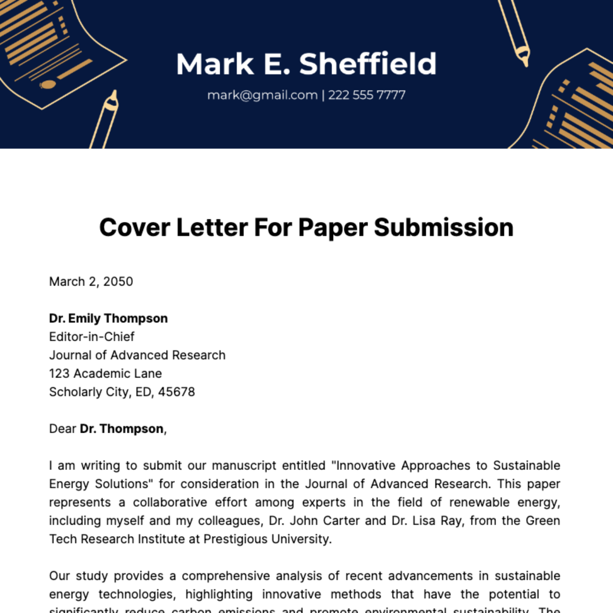 Cover Letter For Paper Submission Template