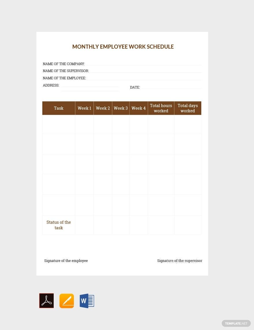 Sample Monthly Work Schedule Template