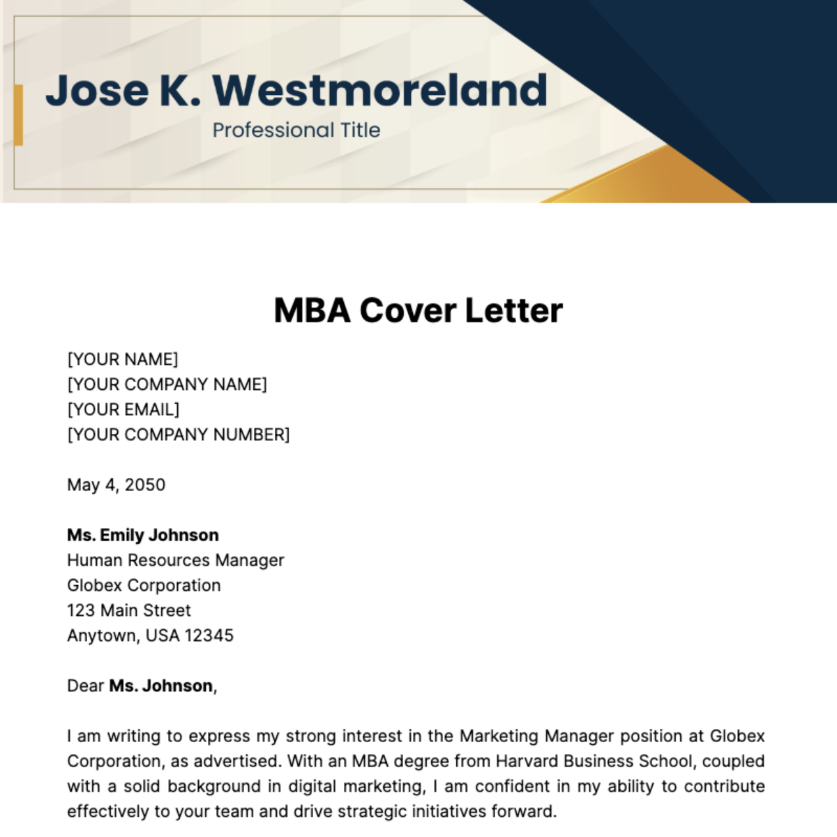 MBA Cover Letter Template