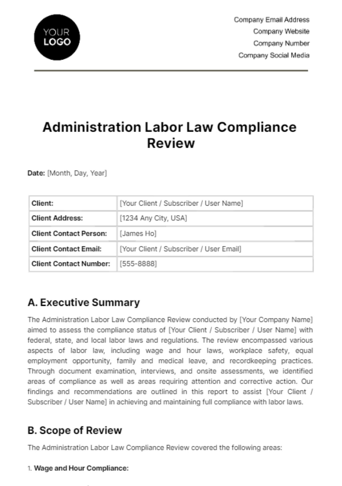 Administration Labor Law Compliance Review Template