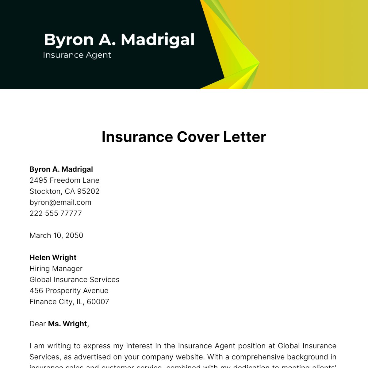 Insurance Cover Letter Template