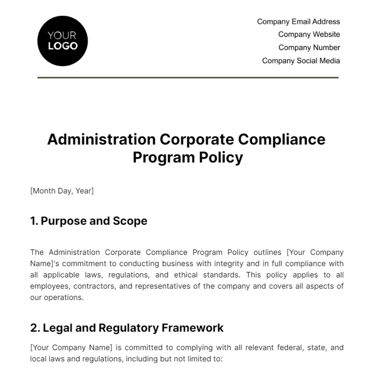 Administration Corporate Compliance Program Policy Template - Edit ...