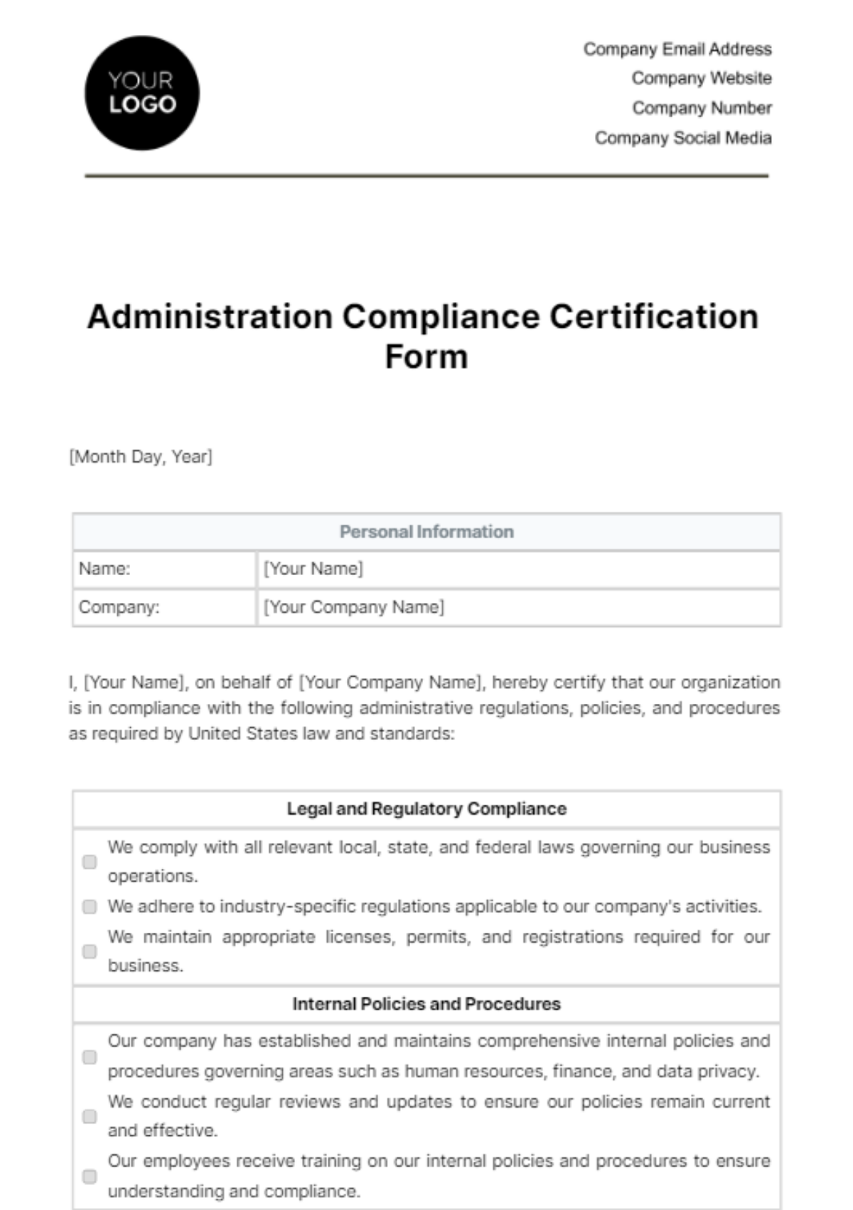 Free Administration Compliance Certification Form Template