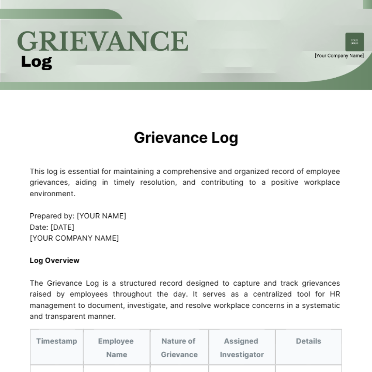 Grievance Log Template