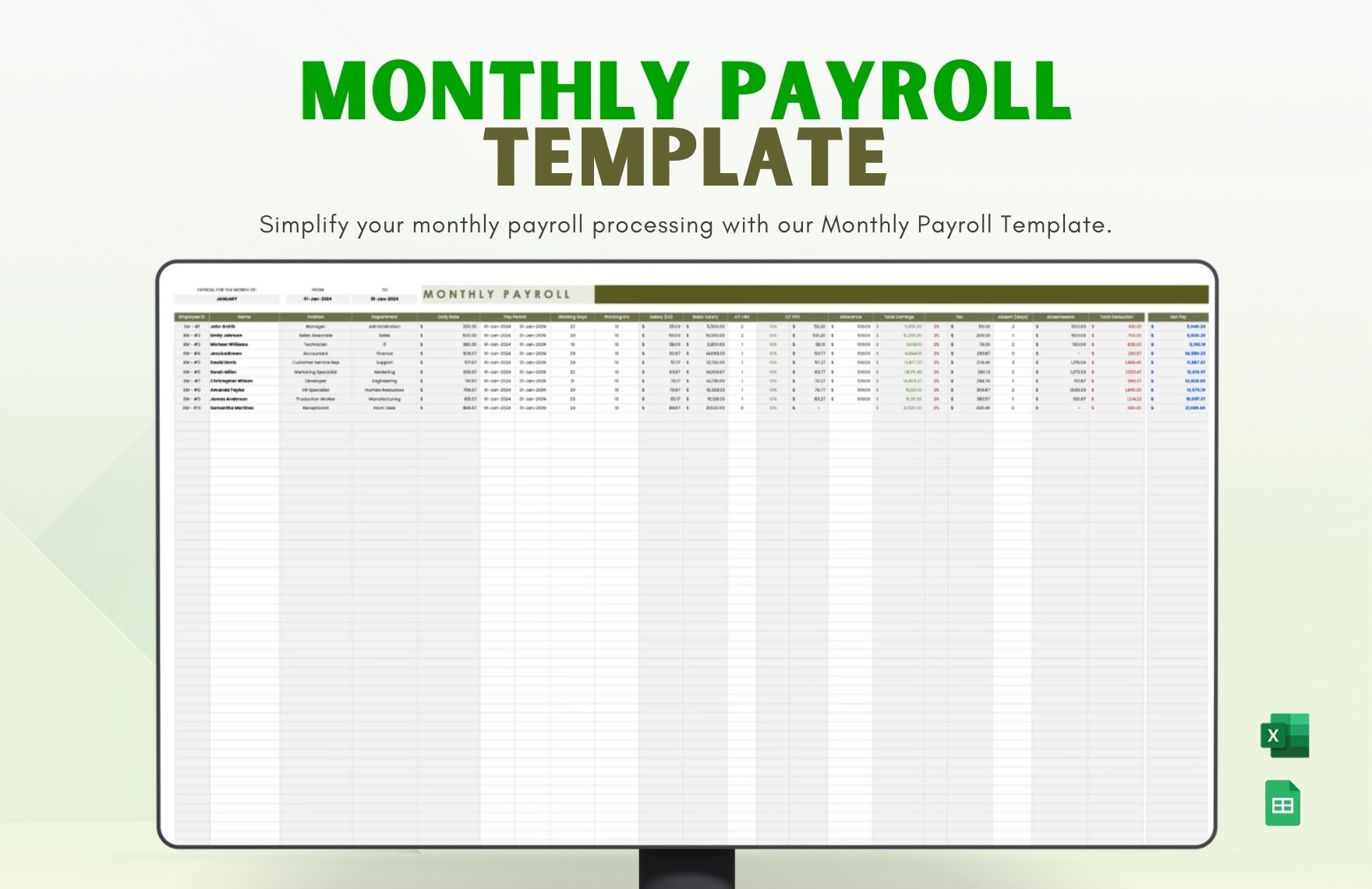 Monthly Payroll Template in Excel, PDF, Google Sheets