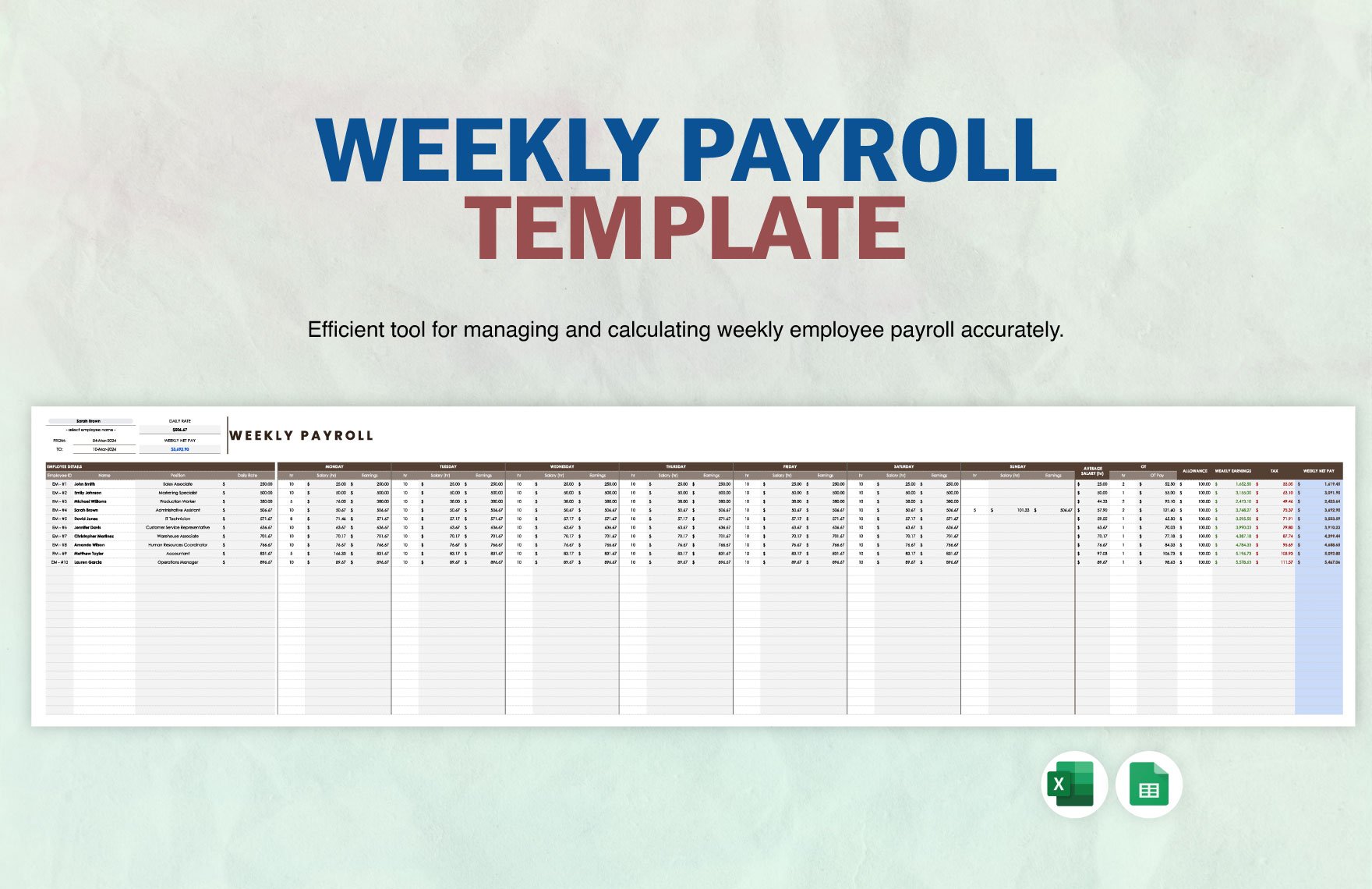 Weekly Payroll Template in Excel, Google Sheets